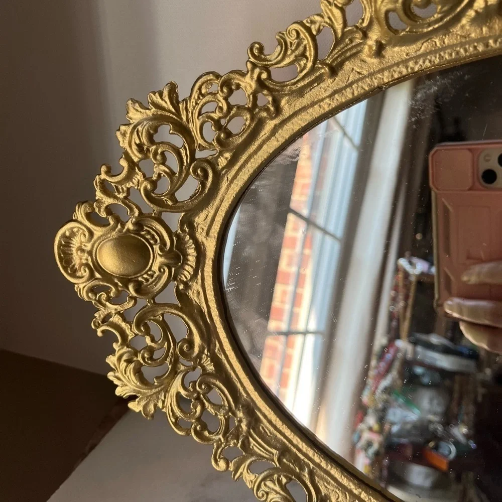 Vintage gold ornate oval wall mirror or vanity tray by Robert Emig 1960